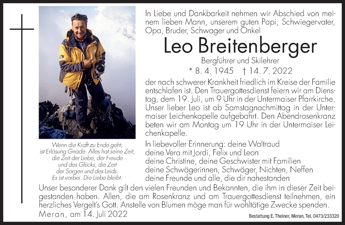  Traueranzeige für Leo Breitenberger vom 16.07.2022 aus Dolomiten