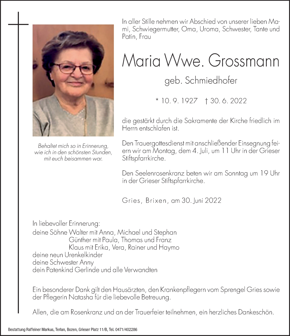  Traueranzeige für Maria Grossmann vom 01.07.2022 aus Dolomiten