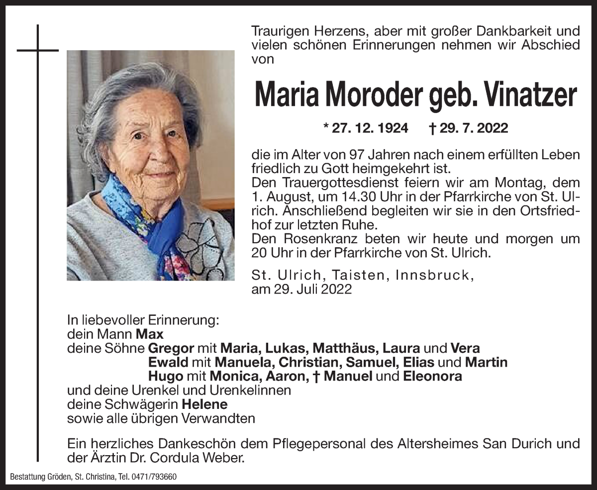  Traueranzeige für Maria Moroder vom 30.07.2022 aus Dolomiten