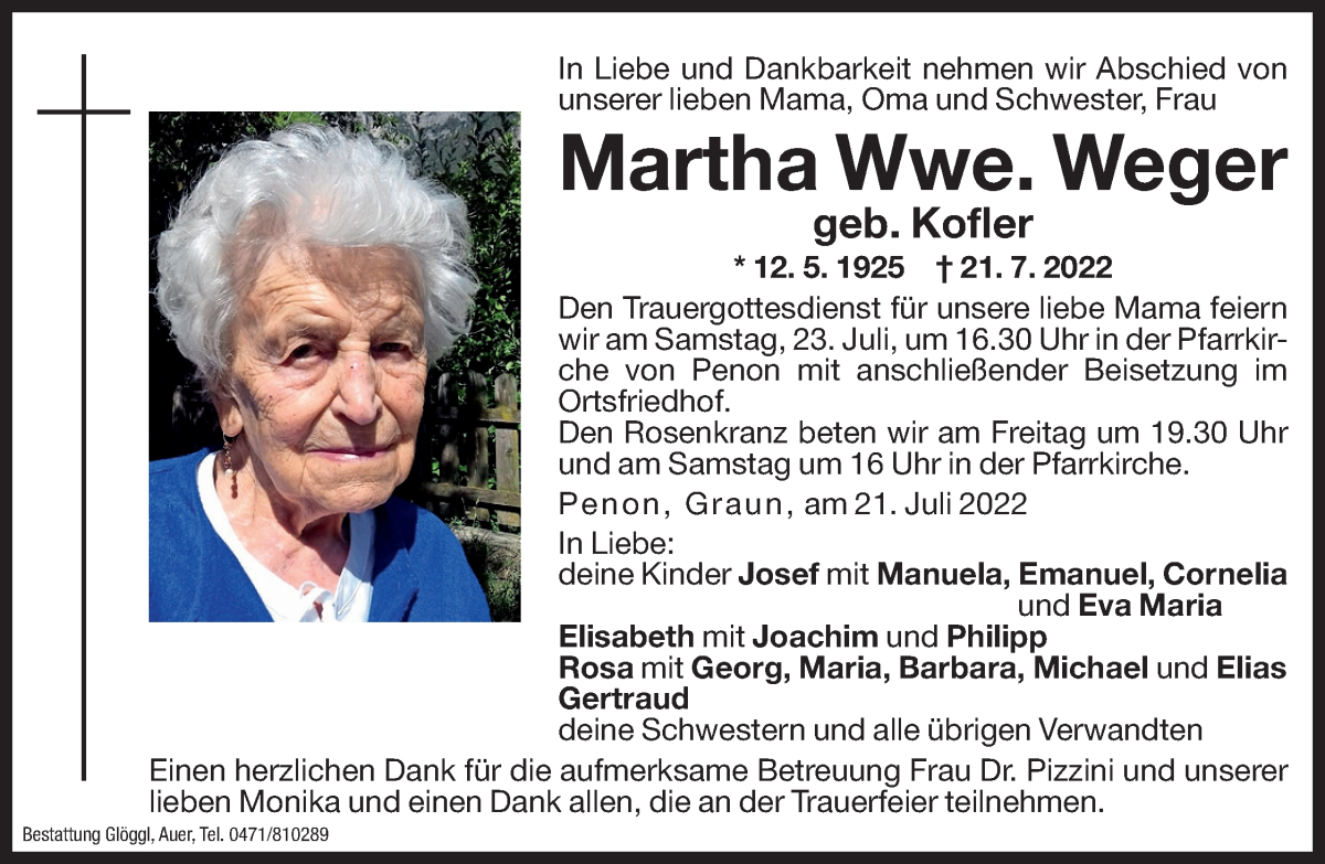  Traueranzeige für Martha Weger vom 22.07.2022 aus Dolomiten