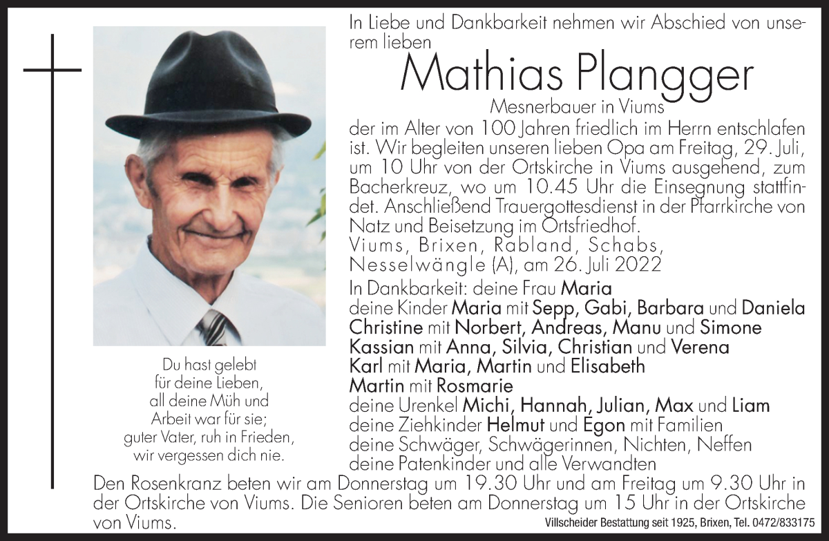  Traueranzeige für Mathias Plangger vom 28.07.2022 aus Dolomiten