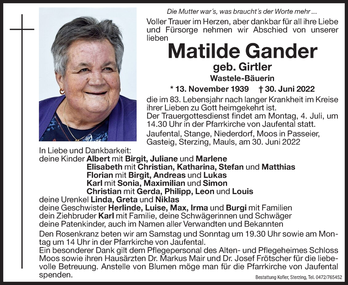  Traueranzeige für Matilde Gander vom 02.07.2022 aus Dolomiten