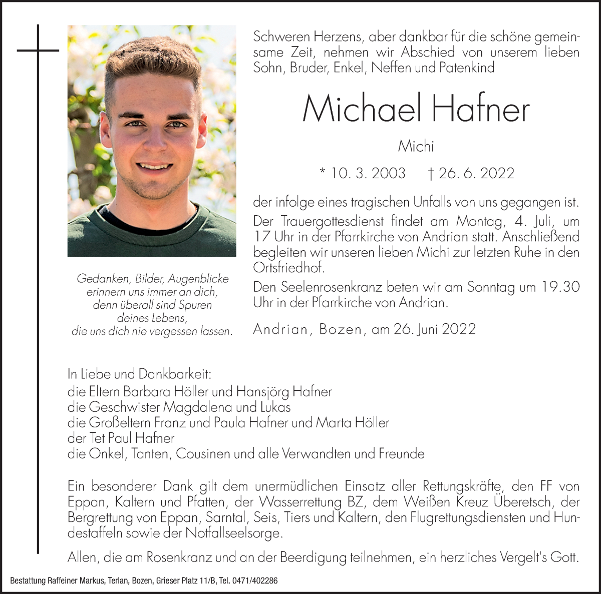  Traueranzeige für Michael Hafner vom 02.07.2022 aus Dolomiten