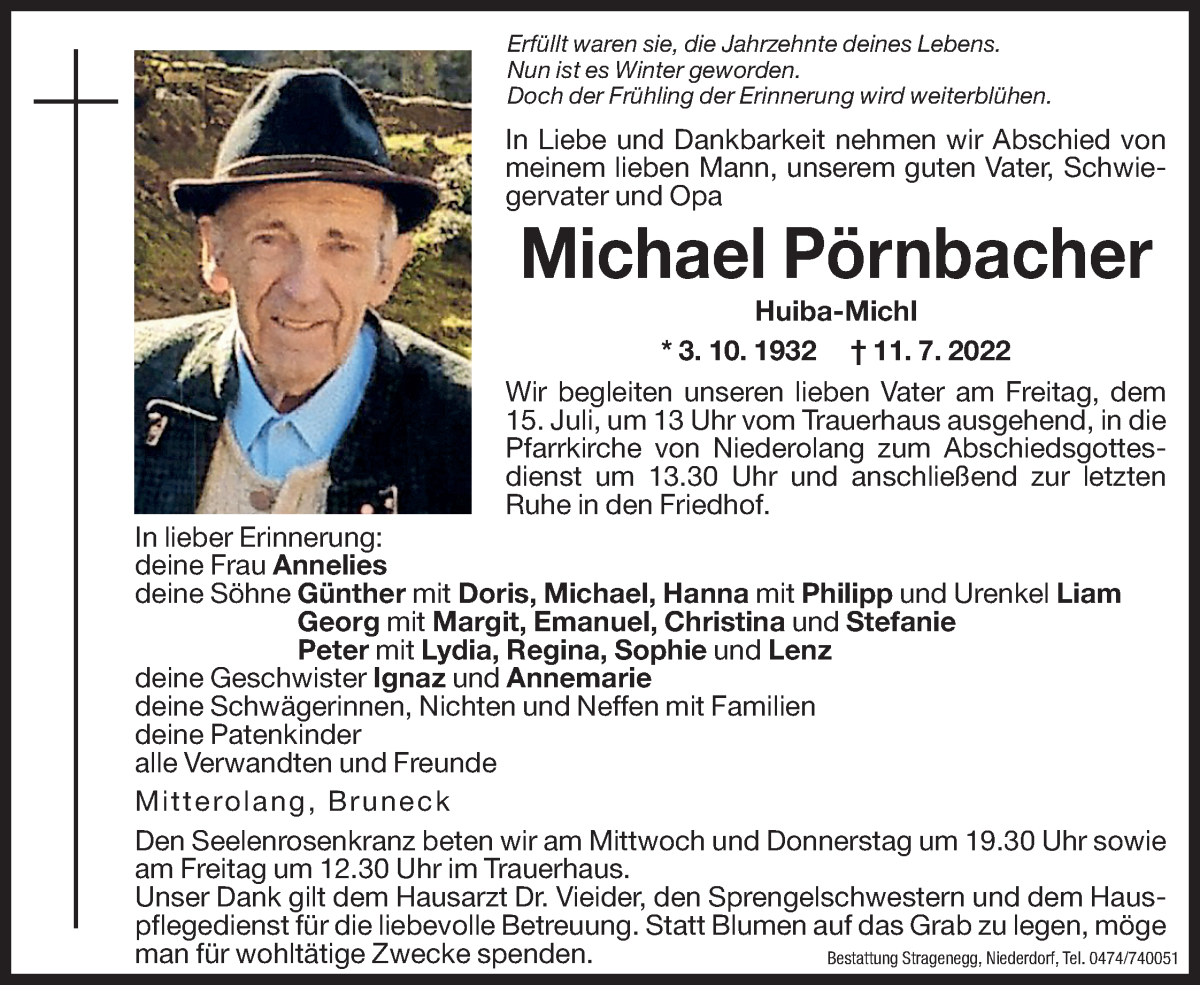  Traueranzeige für Michael Pörnbacher vom 13.07.2022 aus Dolomiten