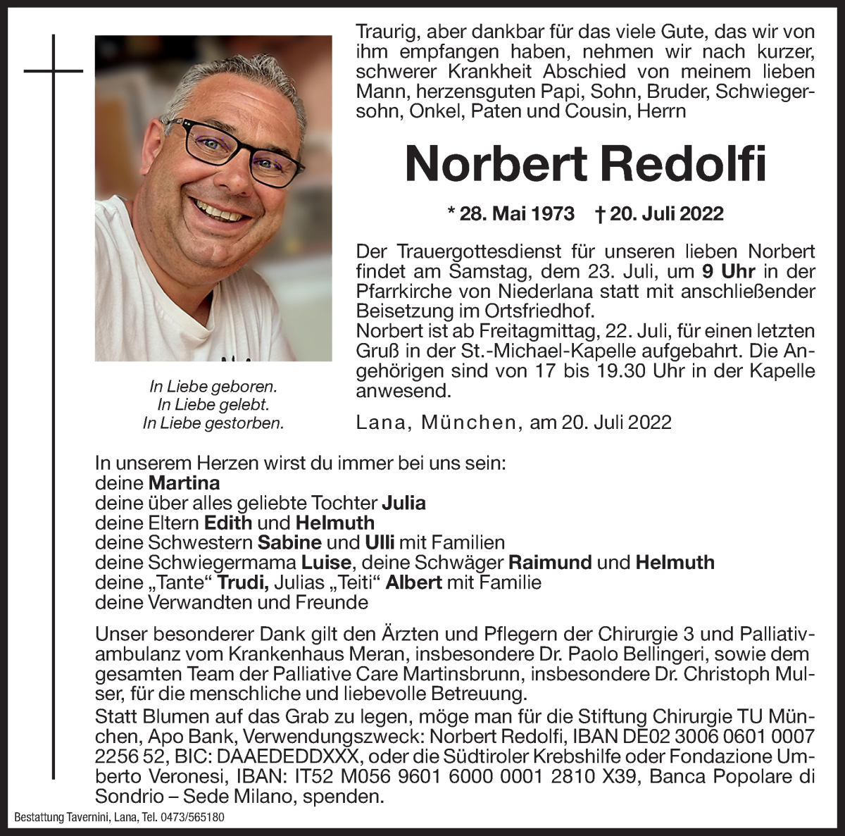  Traueranzeige für Norbert Redolfi vom 21.07.2022 aus Dolomiten