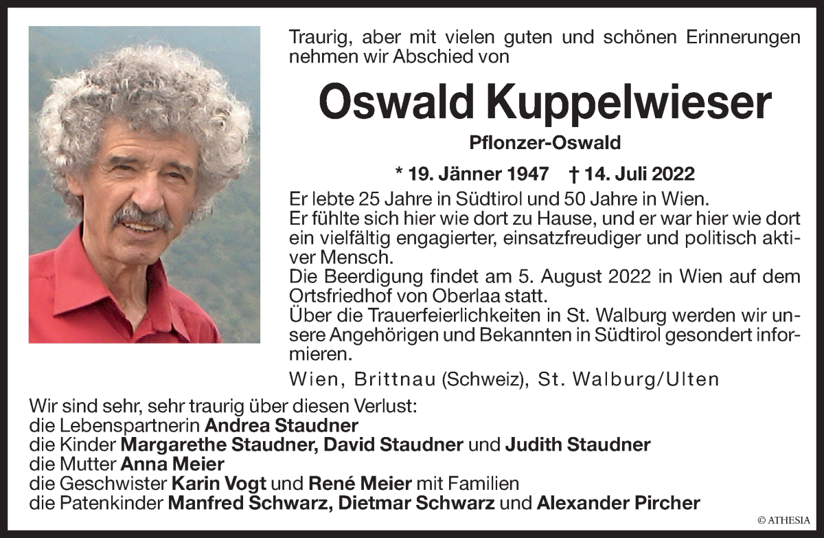  Traueranzeige für Oswald Kuppelwieser vom 29.07.2022 aus Dolomiten