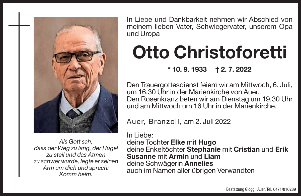  Traueranzeige für Otto Christoforetti vom 05.07.2022 aus Dolomiten