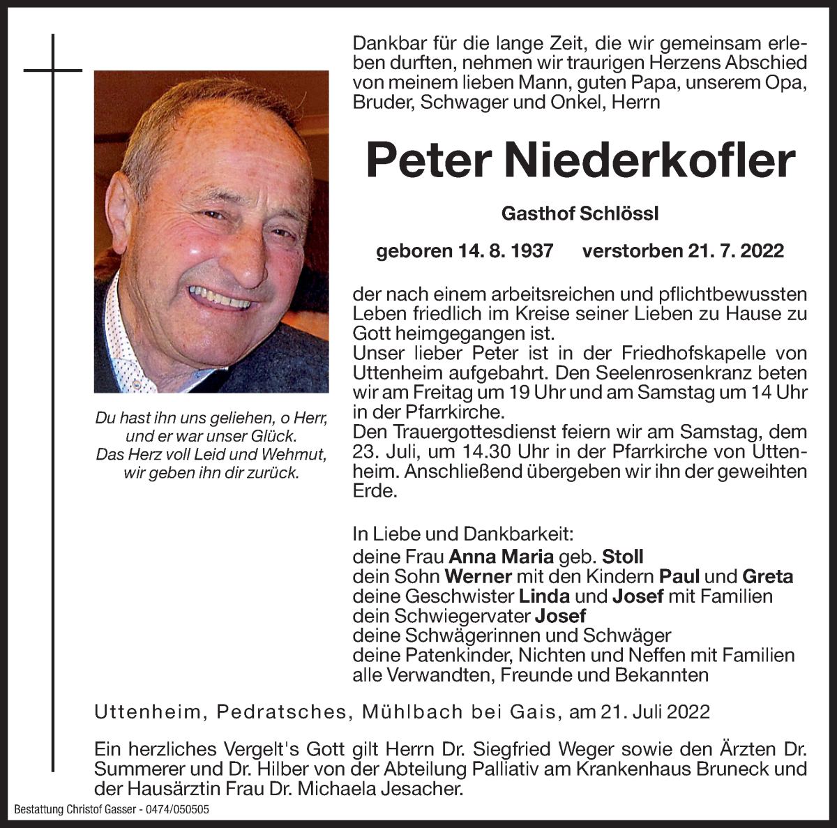  Traueranzeige für Peter Niederkofler vom 22.07.2022 aus Dolomiten