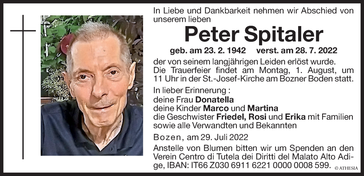 Traueranzeige für Peter Spitaler vom 30.07.2022 aus Dolomiten
