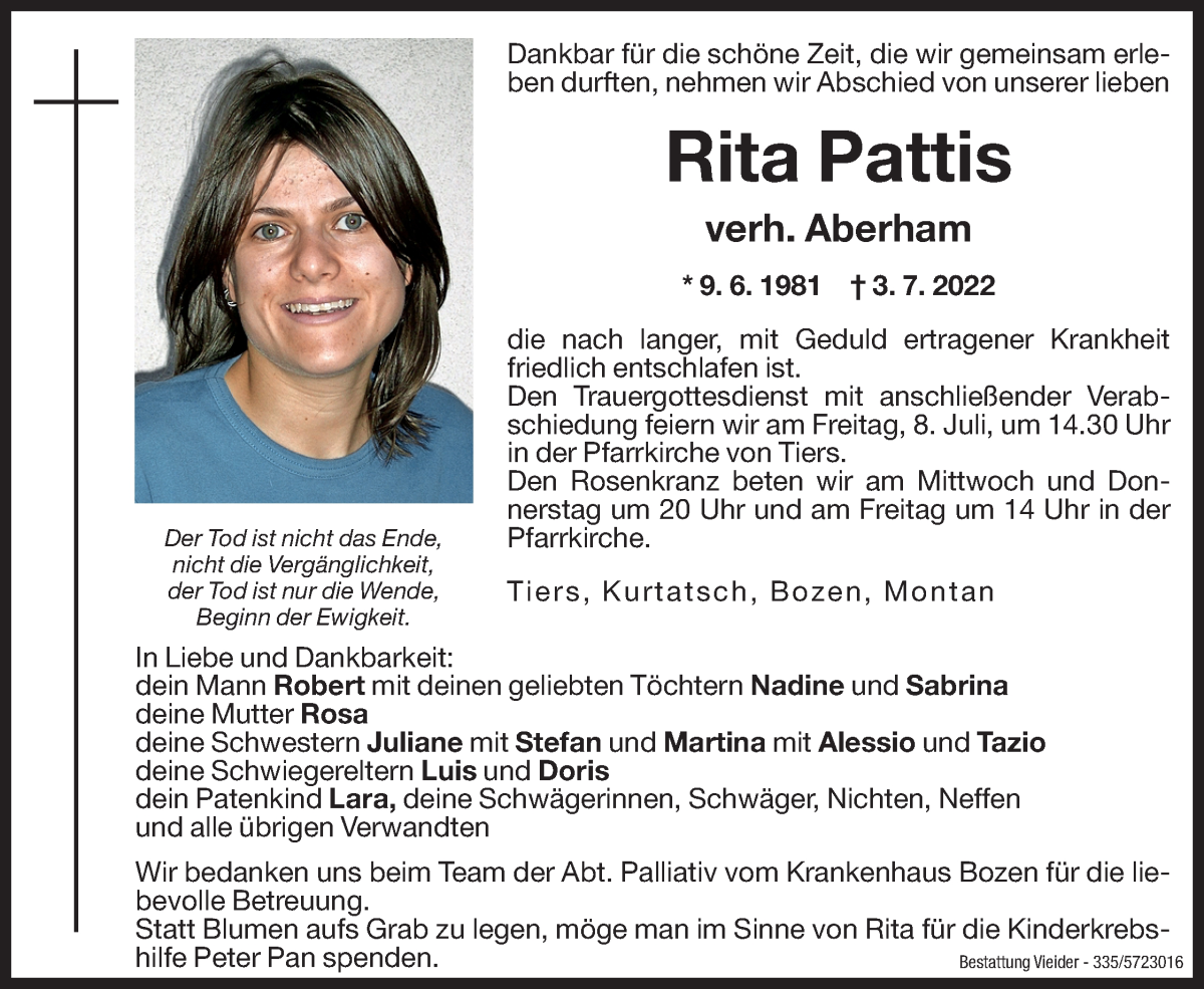  Traueranzeige für Rita Aberham vom 06.07.2022 aus Dolomiten