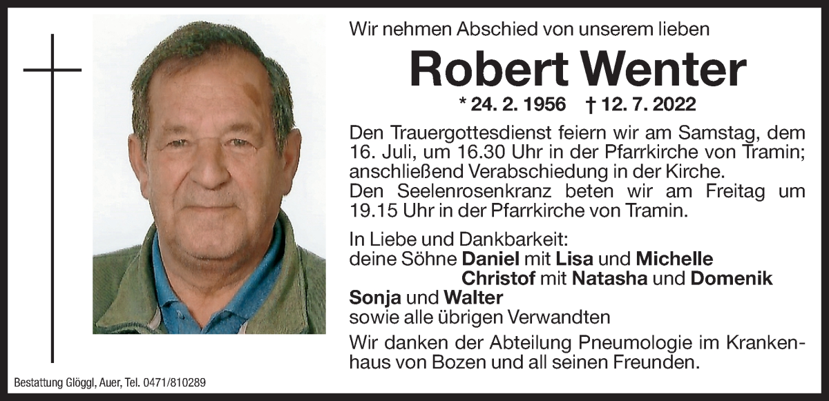  Traueranzeige für Robert Wenter vom 14.07.2022 aus Dolomiten