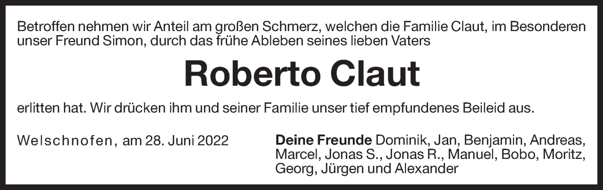  Traueranzeige für Roberto Claut vom 04.07.2022 aus Dolomiten