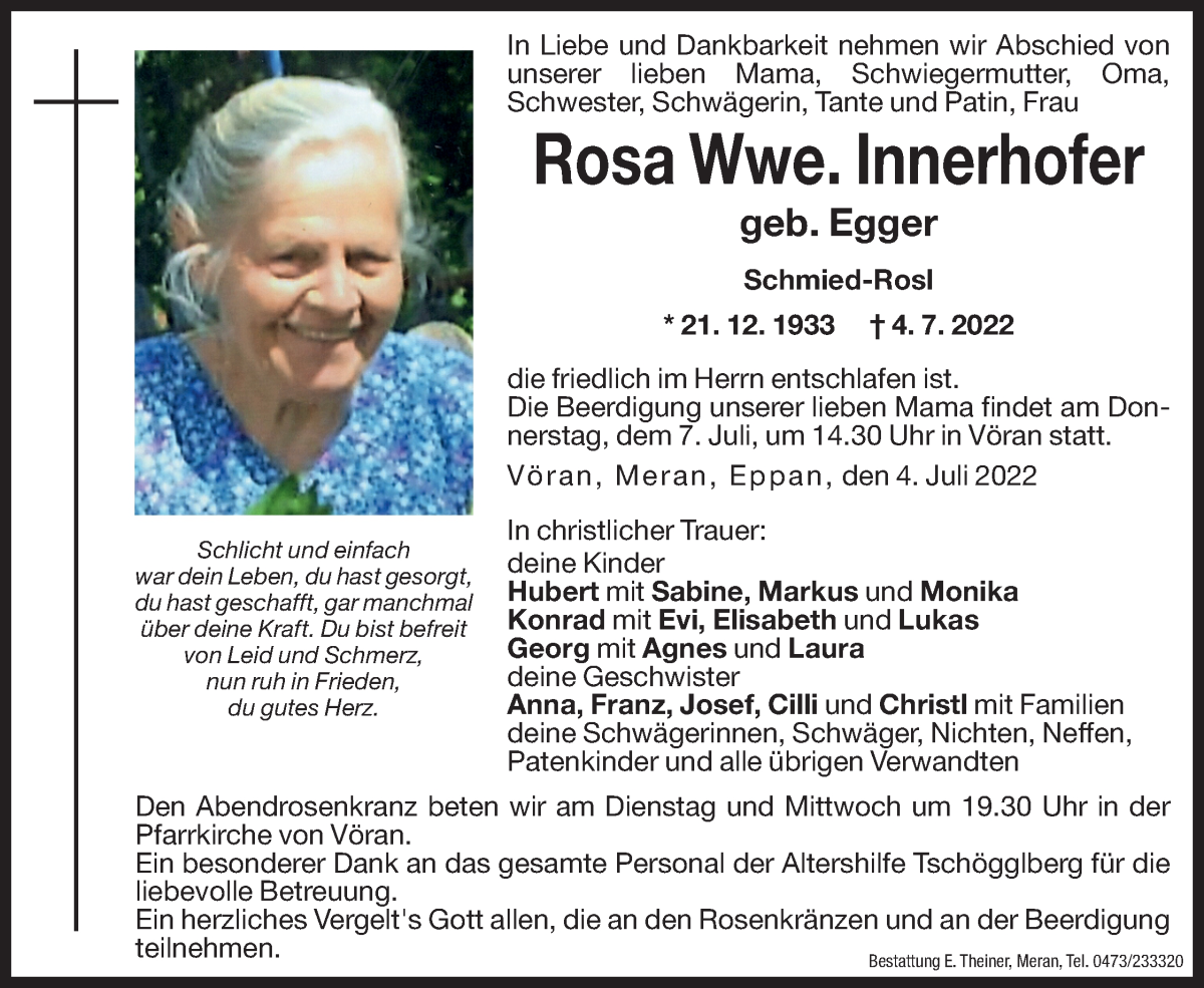  Traueranzeige für Rosa Innerhofer vom 05.07.2022 aus Dolomiten