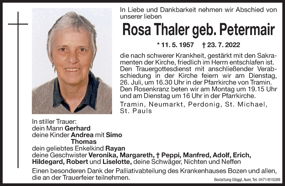  Traueranzeige für Rosa Thaler vom 25.07.2022 aus Dolomiten