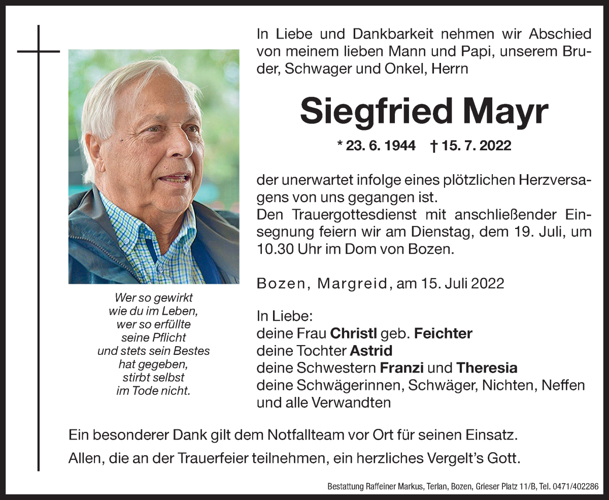  Traueranzeige für Siegfried Mayr vom 18.07.2022 aus Dolomiten