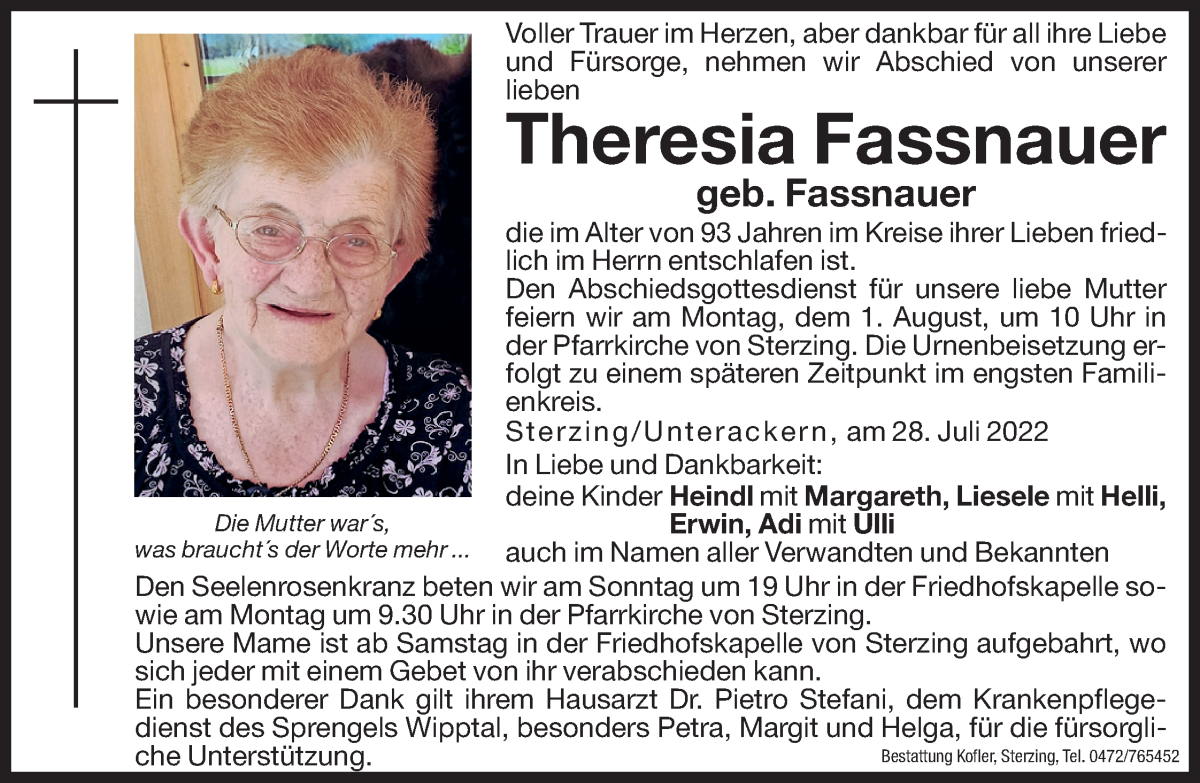  Traueranzeige für Theresia Fassnauer vom 30.07.2022 aus Dolomiten