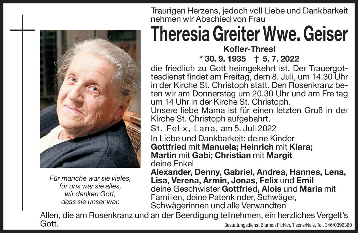  Traueranzeige für Theresia Geiser vom 07.07.2022 aus Dolomiten