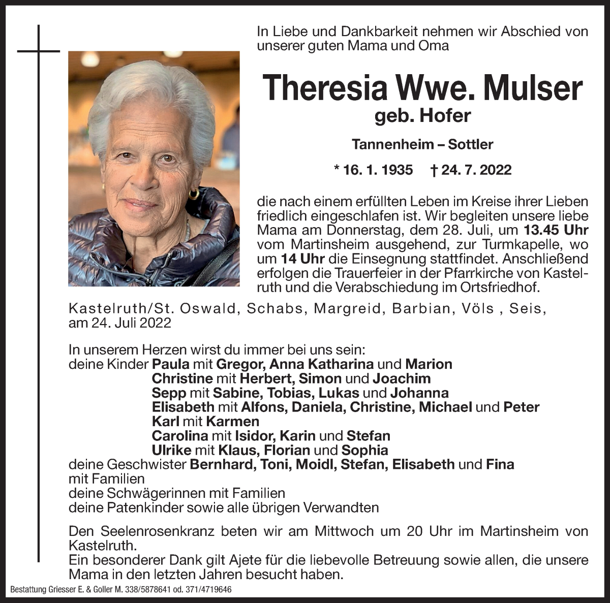  Traueranzeige für Theresia Mulser vom 26.07.2022 aus Dolomiten