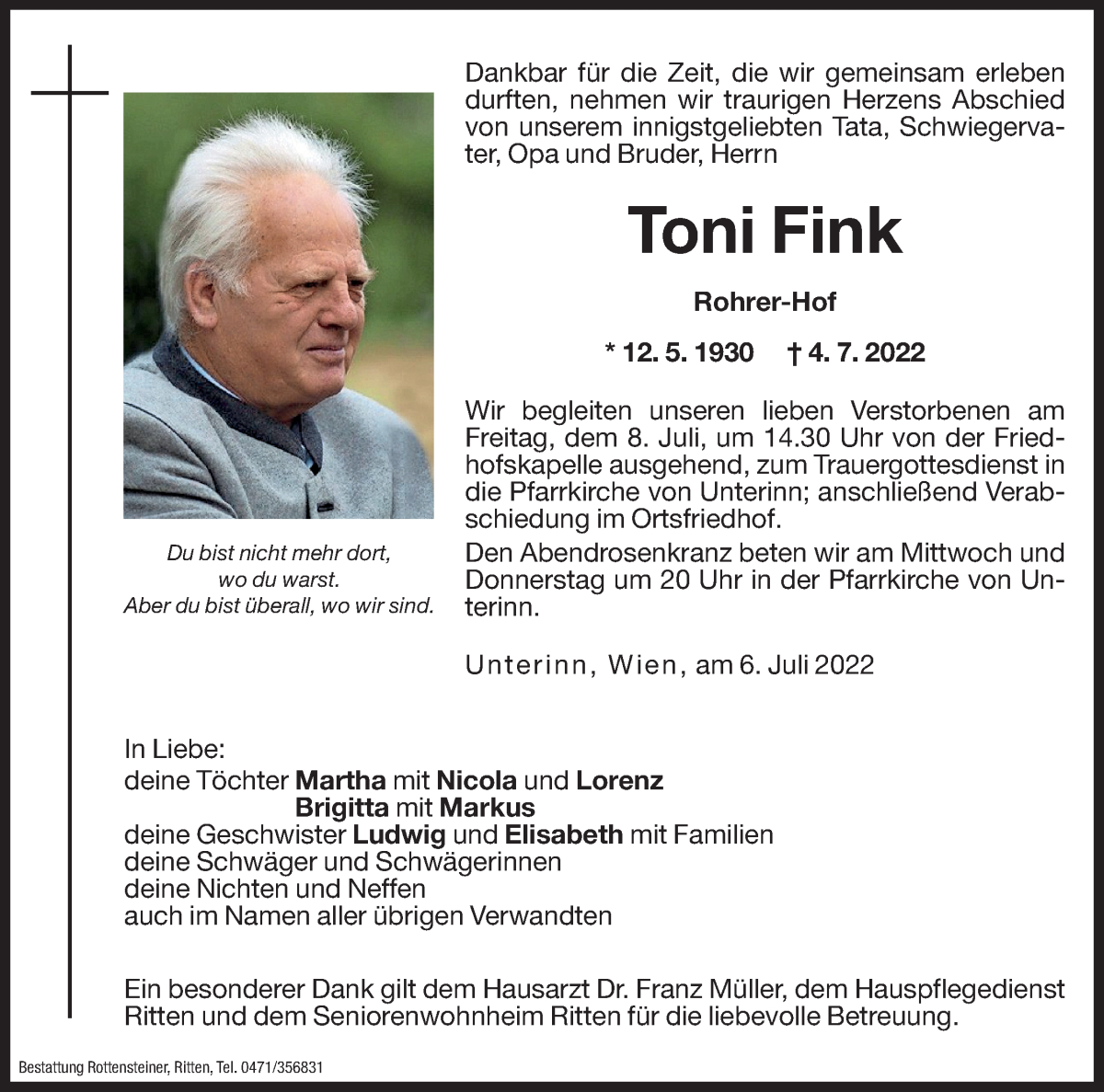  Traueranzeige für Toni Fink vom 06.07.2022 aus Dolomiten