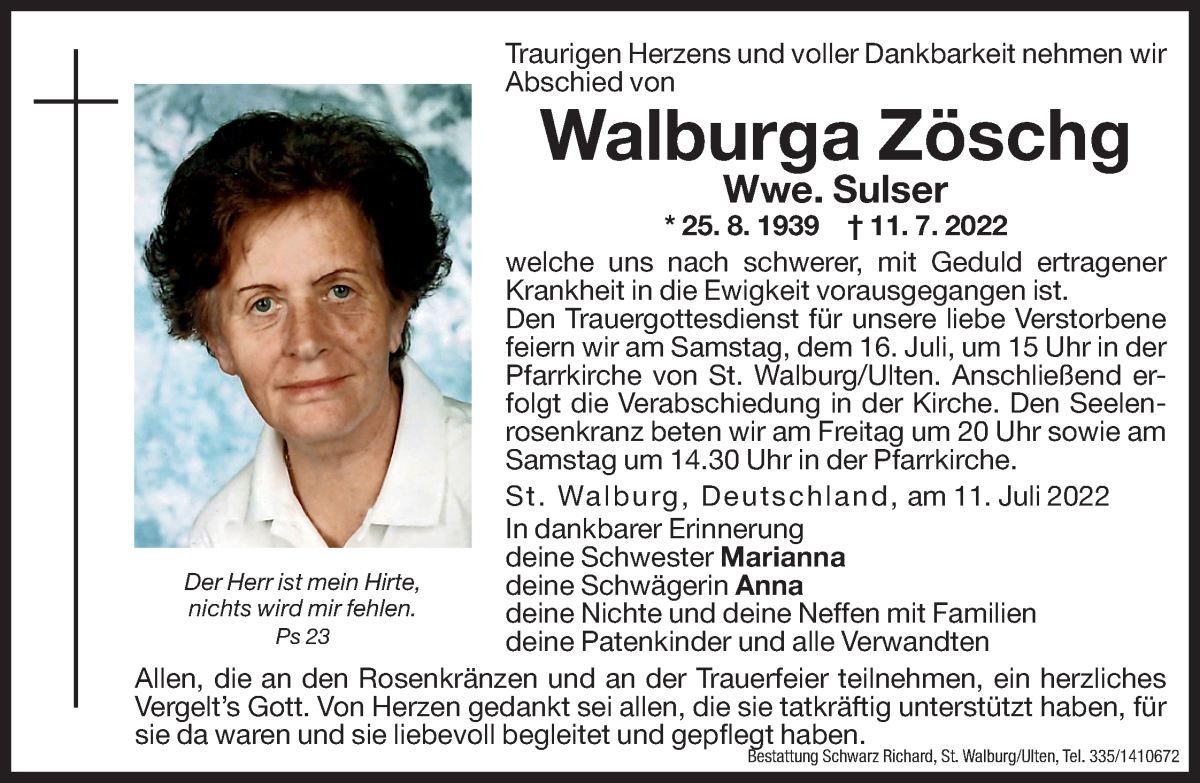  Traueranzeige für Walburga Sulser vom 14.07.2022 aus Dolomiten