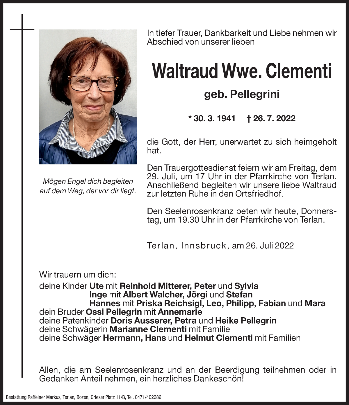  Traueranzeige für Waltraud Clementi vom 28.07.2022 aus Dolomiten