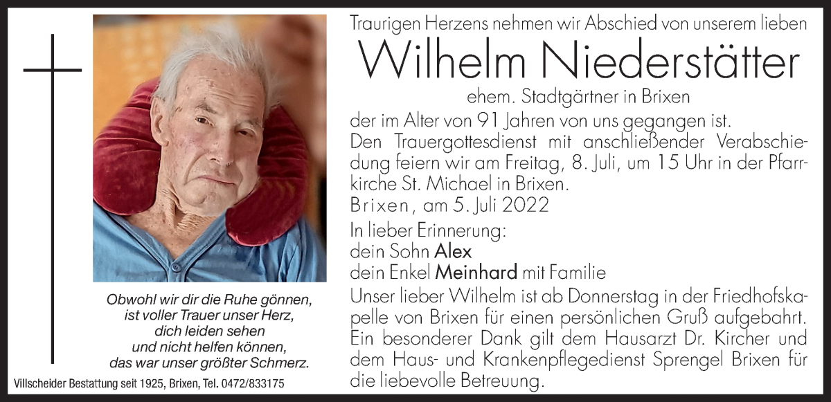  Traueranzeige für Wilhelm Niederstätter vom 06.07.2022 aus Dolomiten