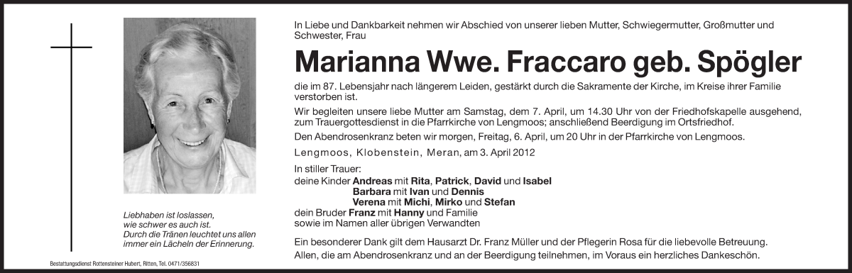  Traueranzeige für Marianna Fraccaro vom 05.04.2012 aus Dolomiten