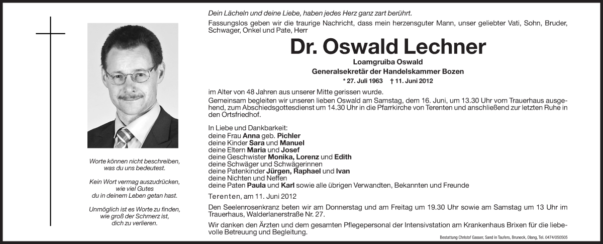  Traueranzeige für Oswald Lechner vom 13.06.2012 aus Dolomiten