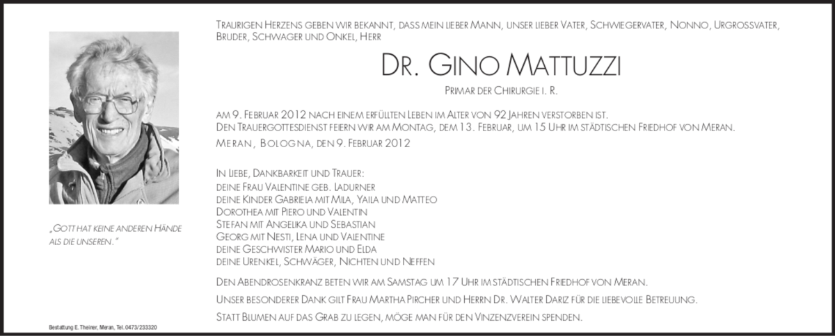  Traueranzeige für Gino Mattuzzi vom 11.02.2012 aus Dolomiten