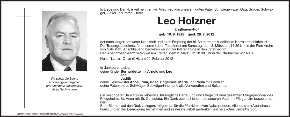  Traueranzeige für Leo Holzner vom 02.03.2012 aus Dolomiten