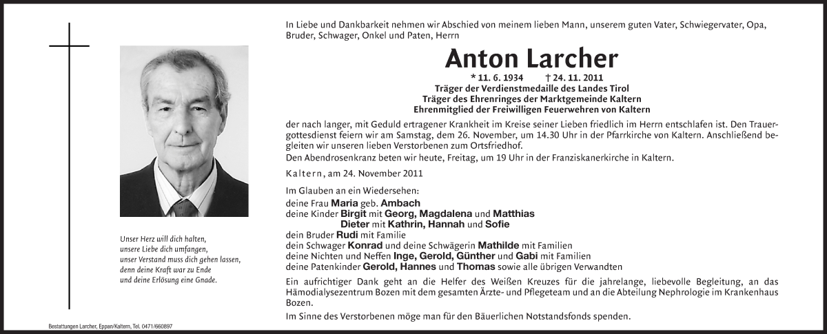  Traueranzeige für Anton Larcher vom 25.11.2011 aus Dolomiten