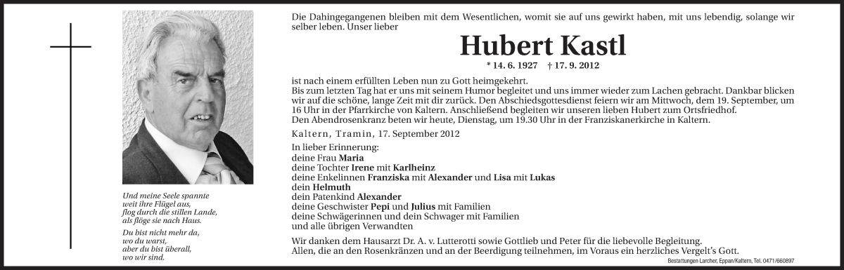  Traueranzeige für Hubert Kastl vom 18.09.2012 aus Dolomiten