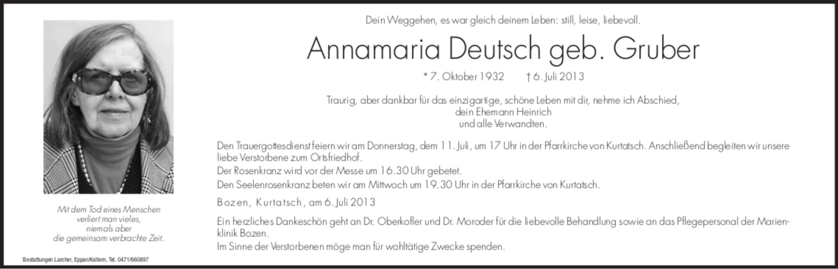  Traueranzeige für Annamaria Deutsch vom 09.07.2013 aus Dolomiten