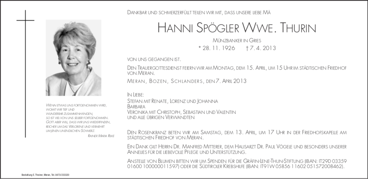  Traueranzeige für Hanni Spögler vom 12.04.2013 aus Dolomiten