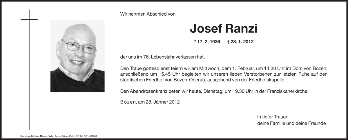  Traueranzeige für Josef Ranzi vom 31.01.2012 aus Dolomiten