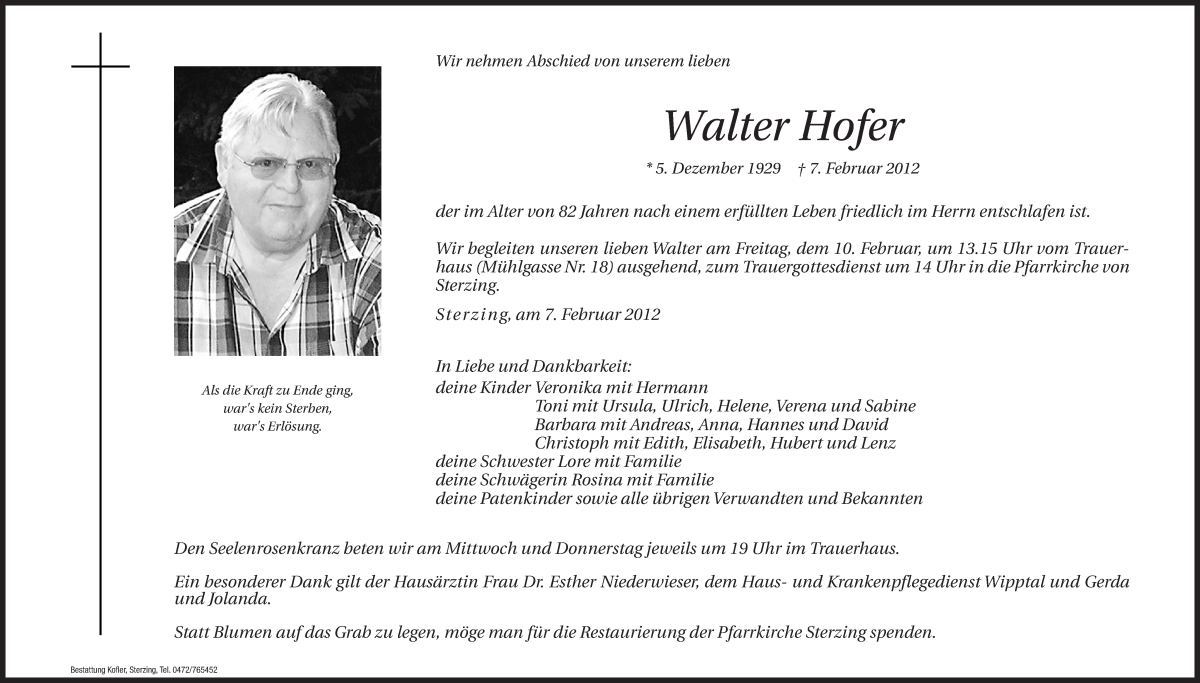  Traueranzeige für Walter Hofer vom 08.02.2012 aus Dolomiten