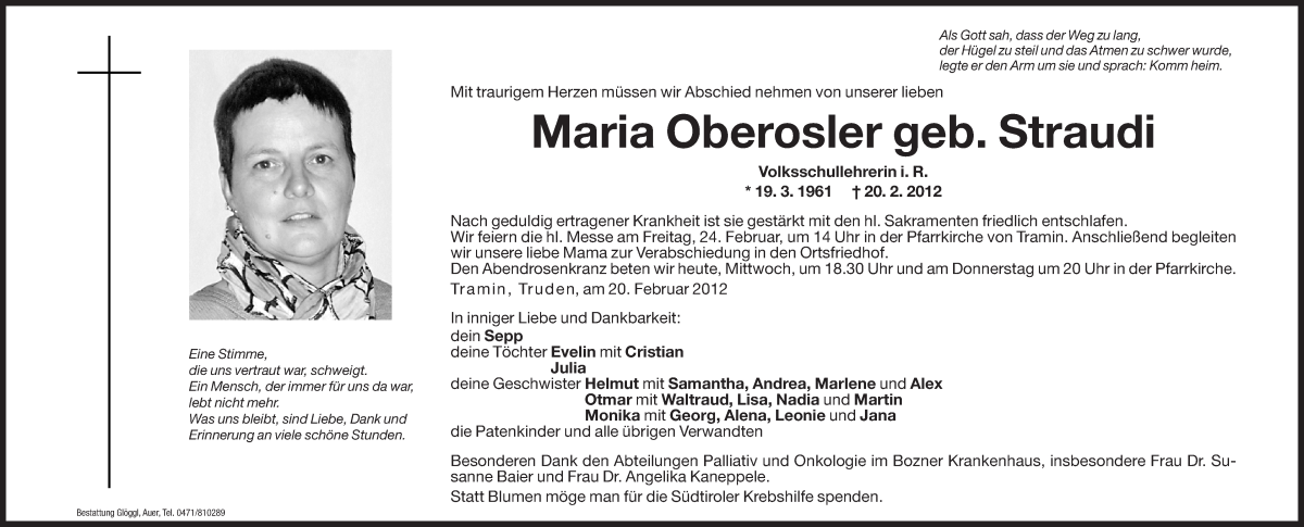  Traueranzeige für Maria Oberosler vom 22.02.2012 aus Dolomiten