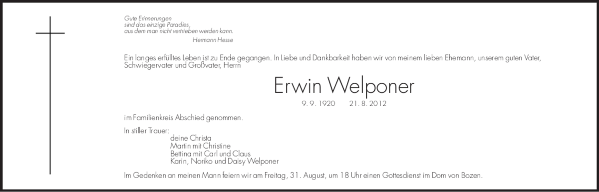  Traueranzeige für Erwin Welponer vom 28.08.2012 aus Dolomiten