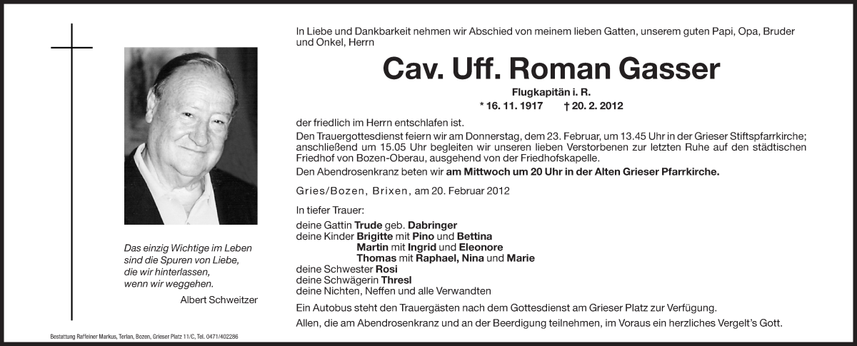  Traueranzeige für Roman Gasser vom 21.02.2012 aus Dolomiten