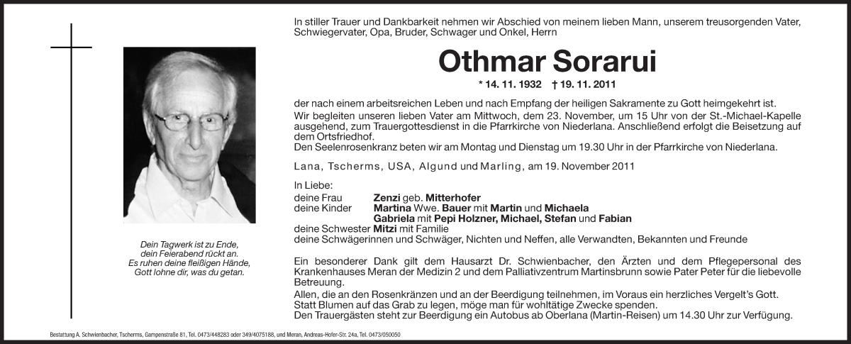  Traueranzeige für Othmar Sorarui vom 21.11.2011 aus Dolomiten