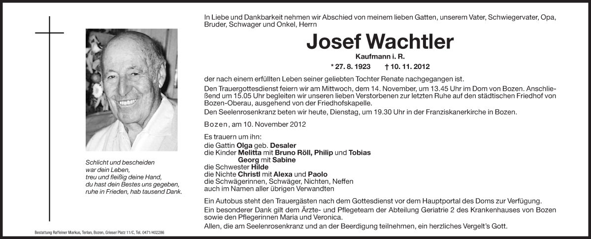  Traueranzeige für Josef Wachtler vom 13.11.2012 aus Dolomiten