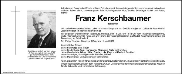 Traueranzeige von Franz Kerschbaumer von Dolomiten