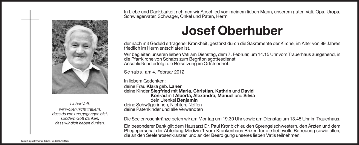  Traueranzeige für Josef Oberhuber vom 06.02.2012 aus Dolomiten