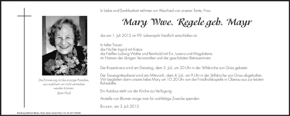  Traueranzeige für Mary Regele vom 03.07.2012 aus Dolomiten