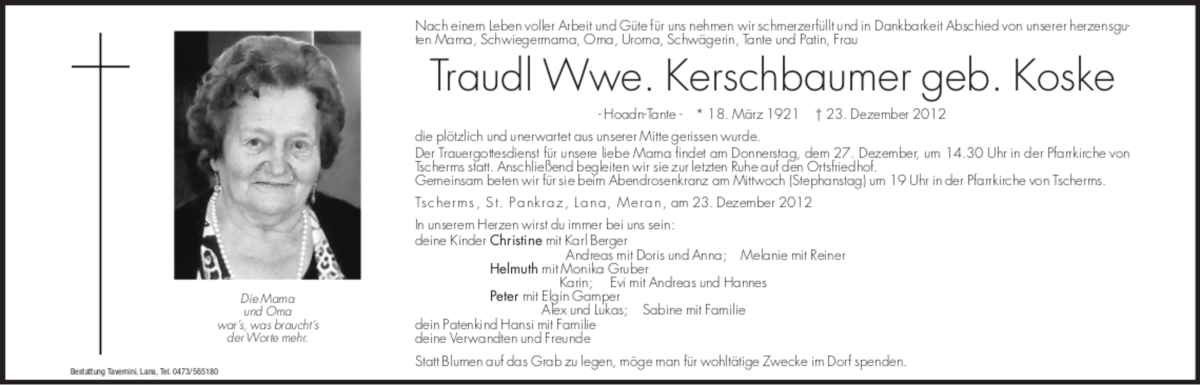  Traueranzeige für Traudl Kerschbaumer vom 24.12.2012 aus Dolomiten