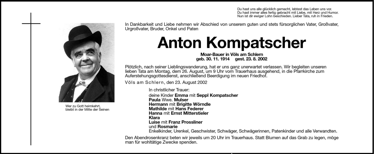  Traueranzeige für Anton Kompatscher vom 24.08.2002 aus Dolomiten