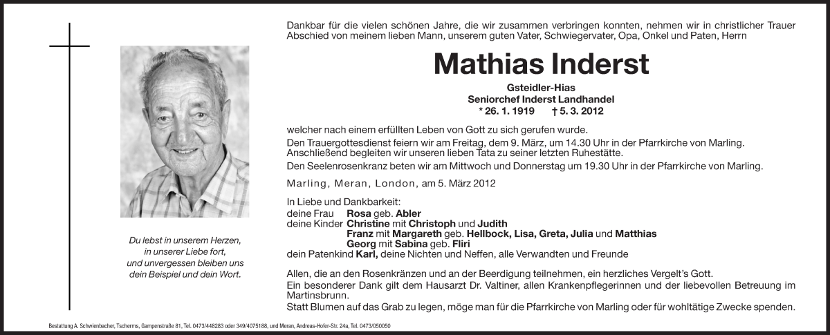  Traueranzeige für Mathias Inderst vom 06.03.2012 aus Dolomiten