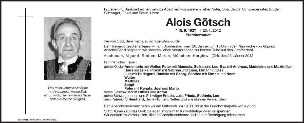  Traueranzeige für Alois Götsch vom 25.01.2012 aus Dolomiten