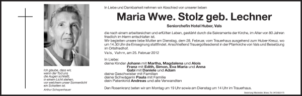Traueranzeige von Maria Stolz von Dolomiten