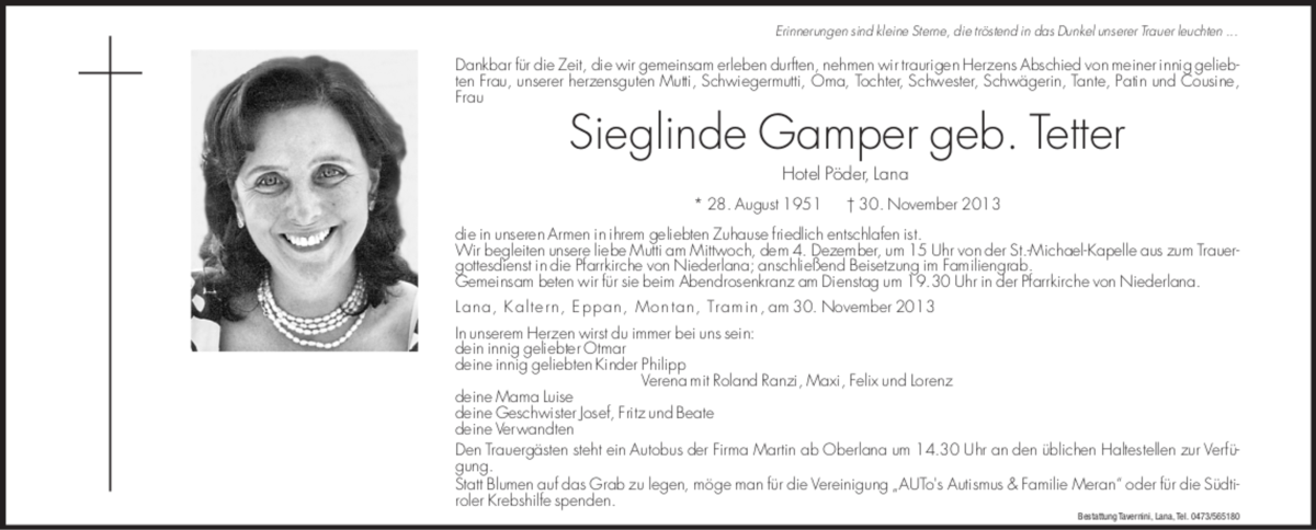  Traueranzeige für Sieglinde Gamper vom 02.12.2013 aus Dolomiten